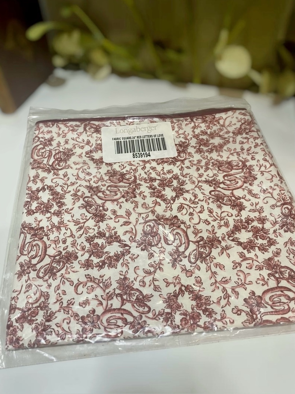 Longaberger Fabric 36” Square Red Letters of Love New